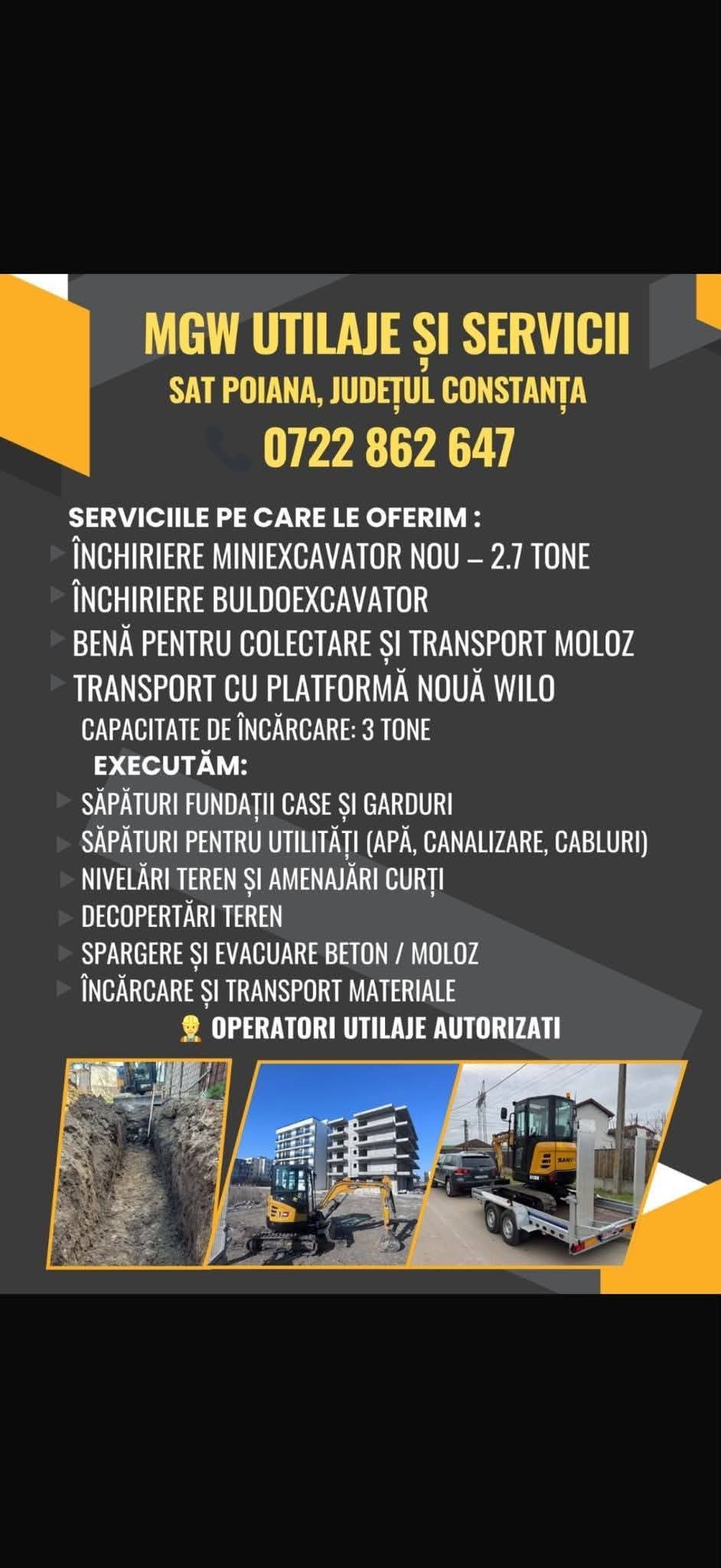 Servicii inchiriere Miniexcavator si platforma 3t